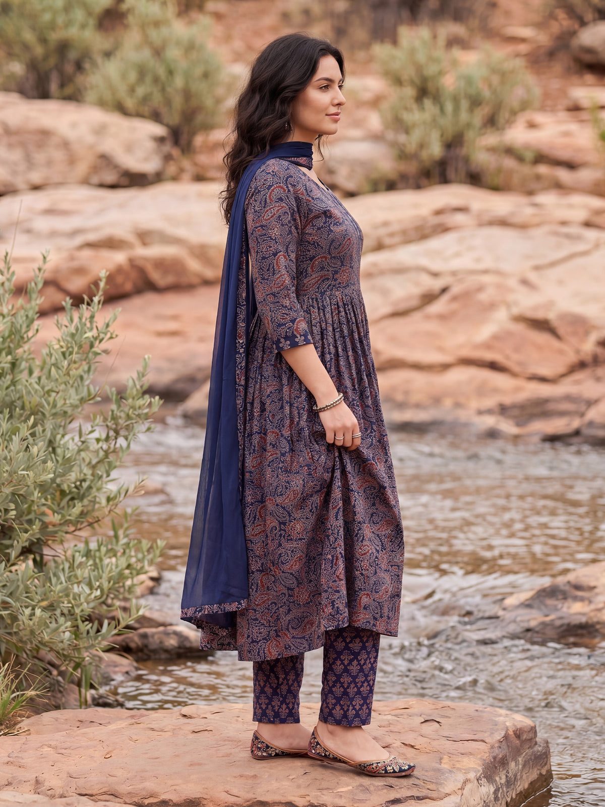 Purple Printed A-Line Kurta Trousers With Dupatta Set