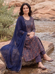Purple Printed A-Line Kurta Trousers With Dupatta Set