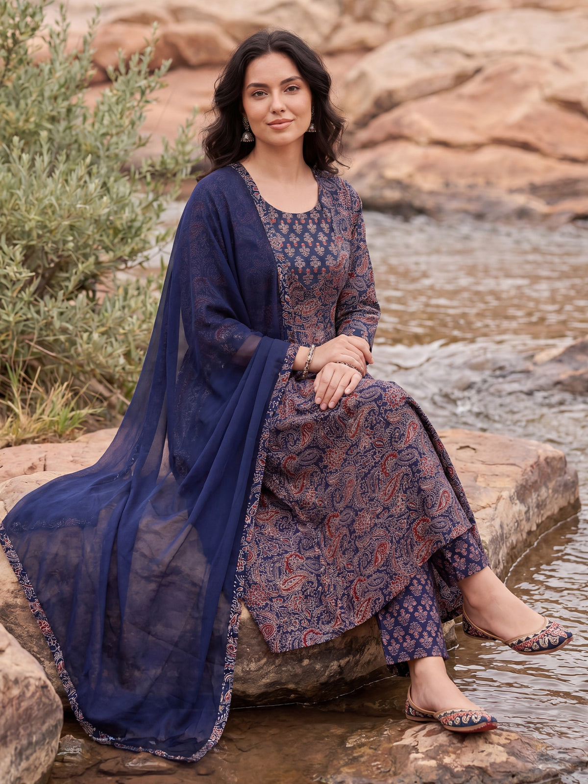 Purple Printed A-Line Kurta Trousers With Dupatta Set