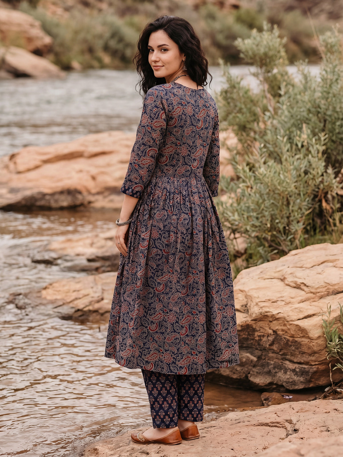 Purple Printed A-Line Kurta Trousers With Dupatta Set