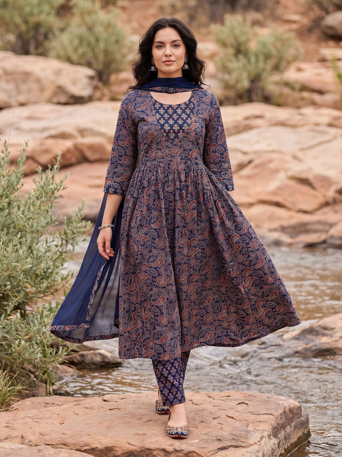 Purple Printed A-Line Kurta Trousers With Dupatta Set