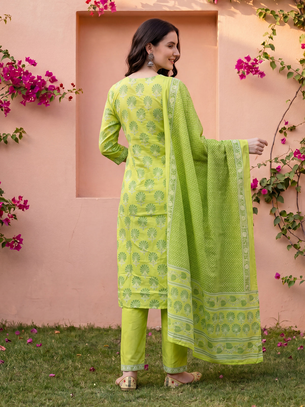 Green Printed Straight Kurta Trousers With Dupatta Set
