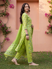 Green Printed Straight Kurta Trousers With Dupatta Set