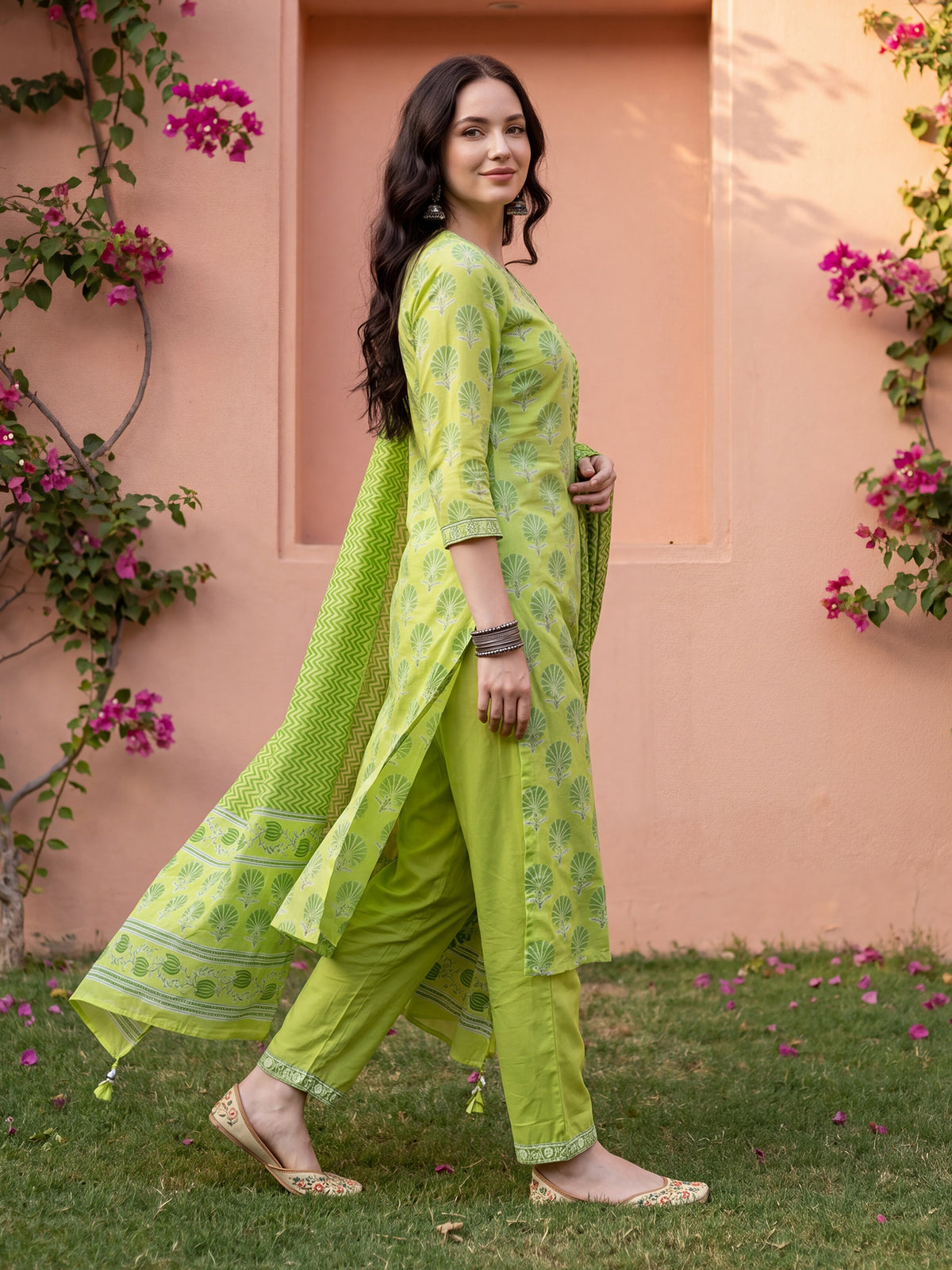Green Printed Straight Kurta Trousers With Dupatta Set