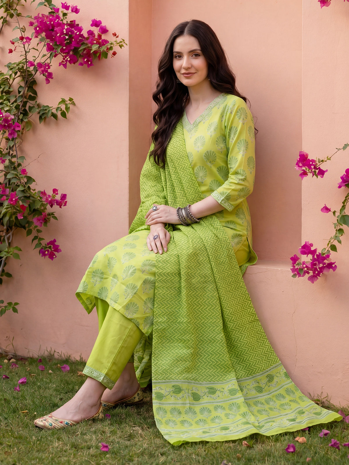 Green Printed Straight Kurta Trousers With Dupatta Set