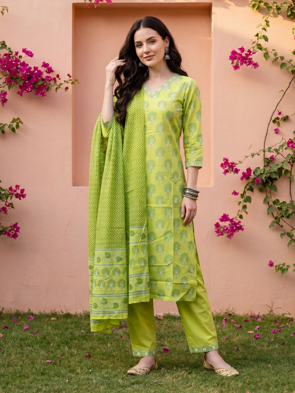 Green Printed Straight Kurta Trousers With Dupatta Set