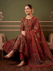 Rust Printed A-Line Kurta Trousers With Dupatta Set