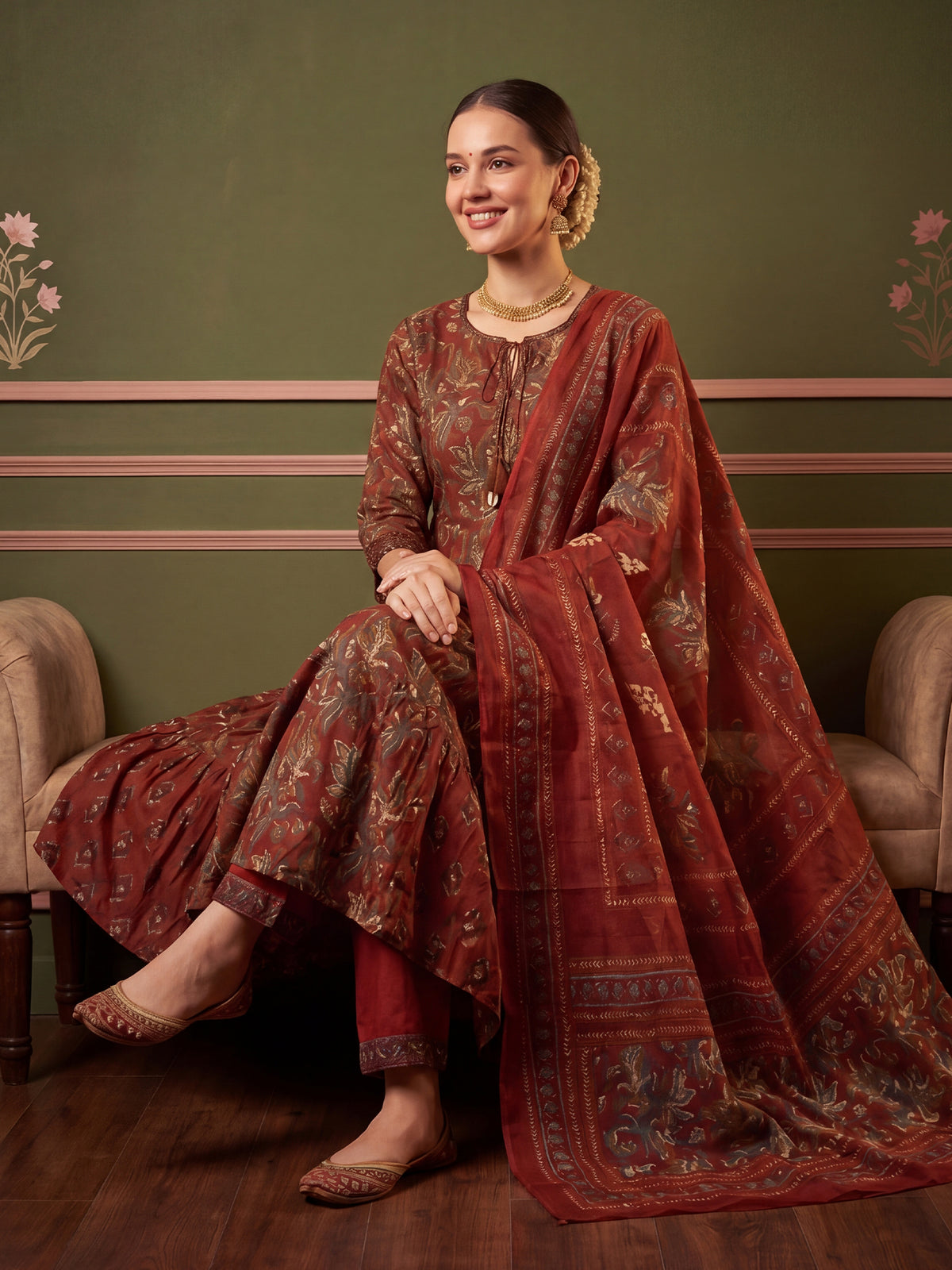 Rust Printed A-Line Kurta Trousers With Dupatta Set