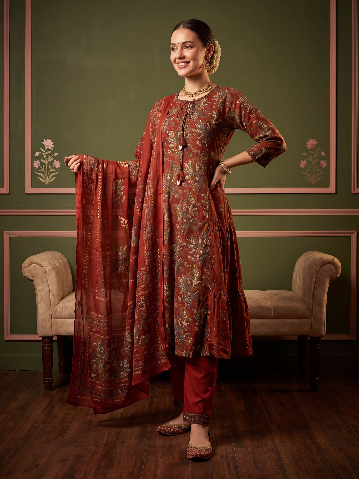 Rust Printed A-Line Kurta Trousers With Dupatta Set