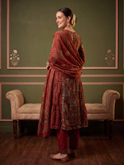 Rust Printed A-Line Kurta Trousers With Dupatta Set