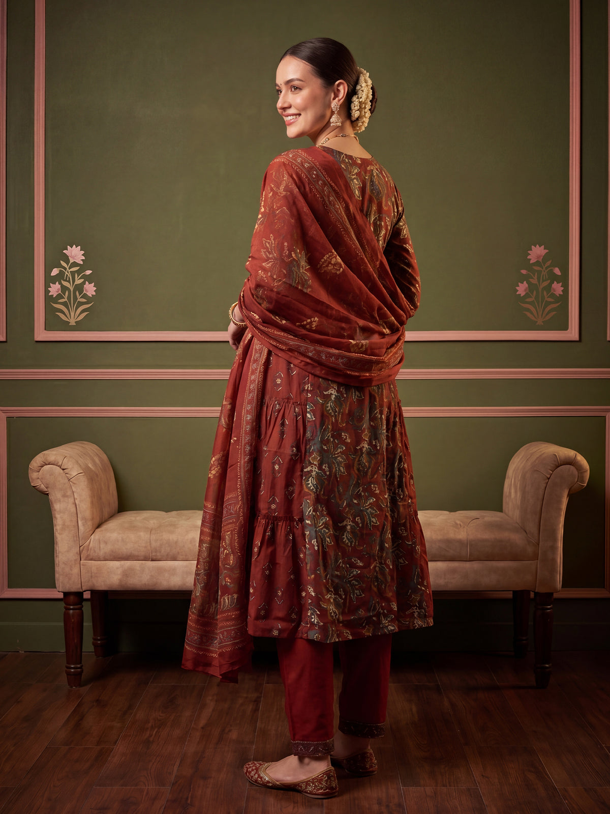 Rust Printed A-Line Kurta Trousers With Dupatta Set