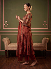 Rust Printed A-Line Kurta Trousers With Dupatta Set