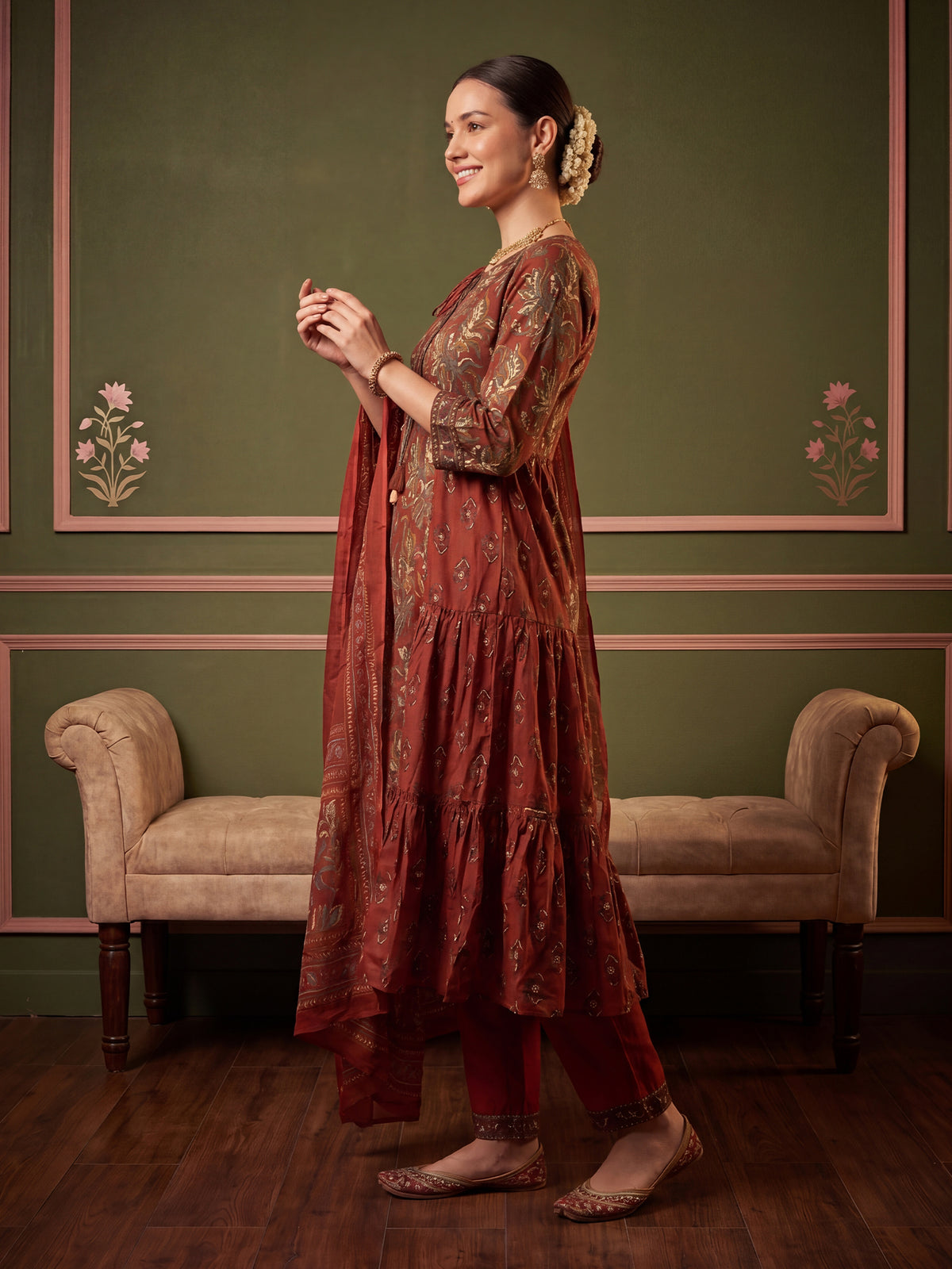 Rust Printed A-Line Kurta Trousers With Dupatta Set