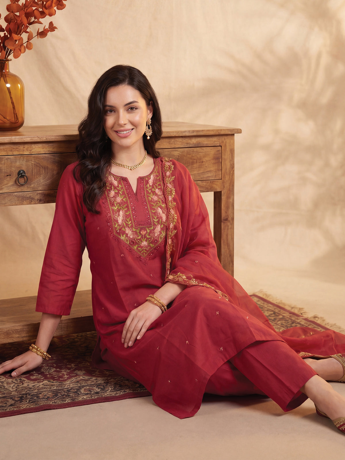 Maroon Embroidered Straight Kurta Trousers With Dupatta Set