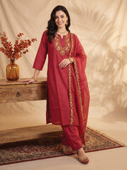 Maroon Embroidered Straight Kurta Trousers With Dupatta Set