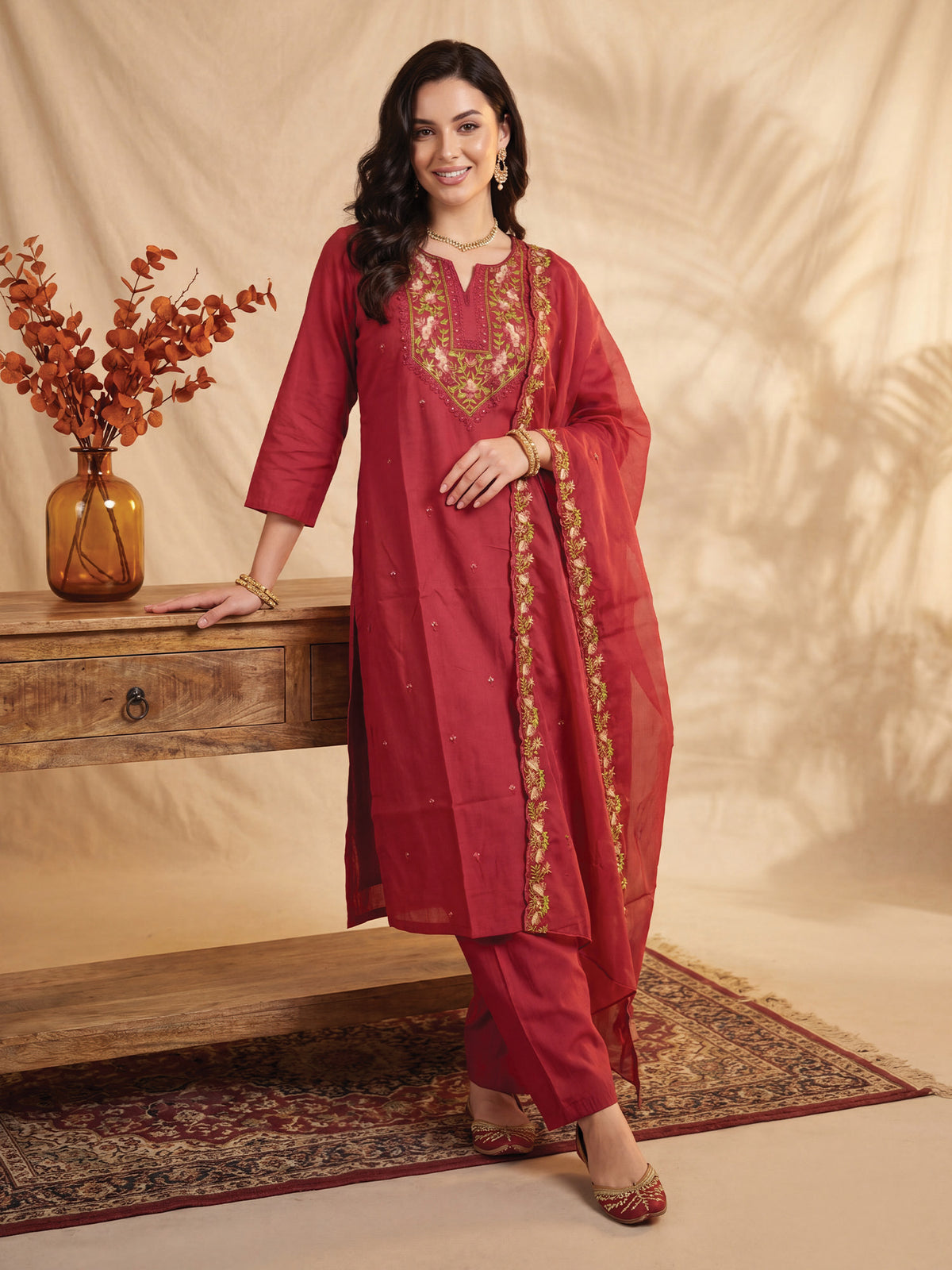 Maroon Embroidered Straight Kurta Trousers With Dupatta Set