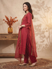 Maroon Embroidered Straight Kurta Trousers With Dupatta Set