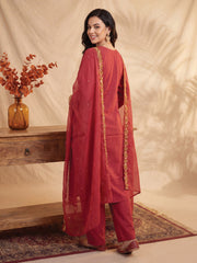 Maroon Embroidered Straight Kurta Trousers With Dupatta Set