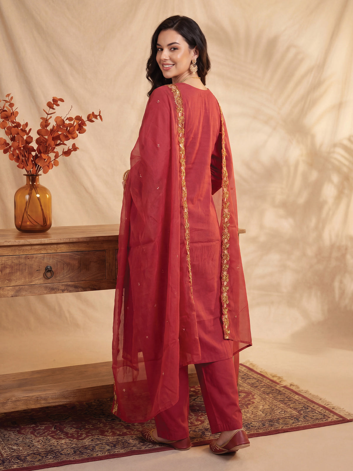 Maroon Embroidered Straight Kurta Trousers With Dupatta Set