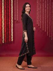 Black Embroidered Straight Kurta Trousers With Dupatta Set