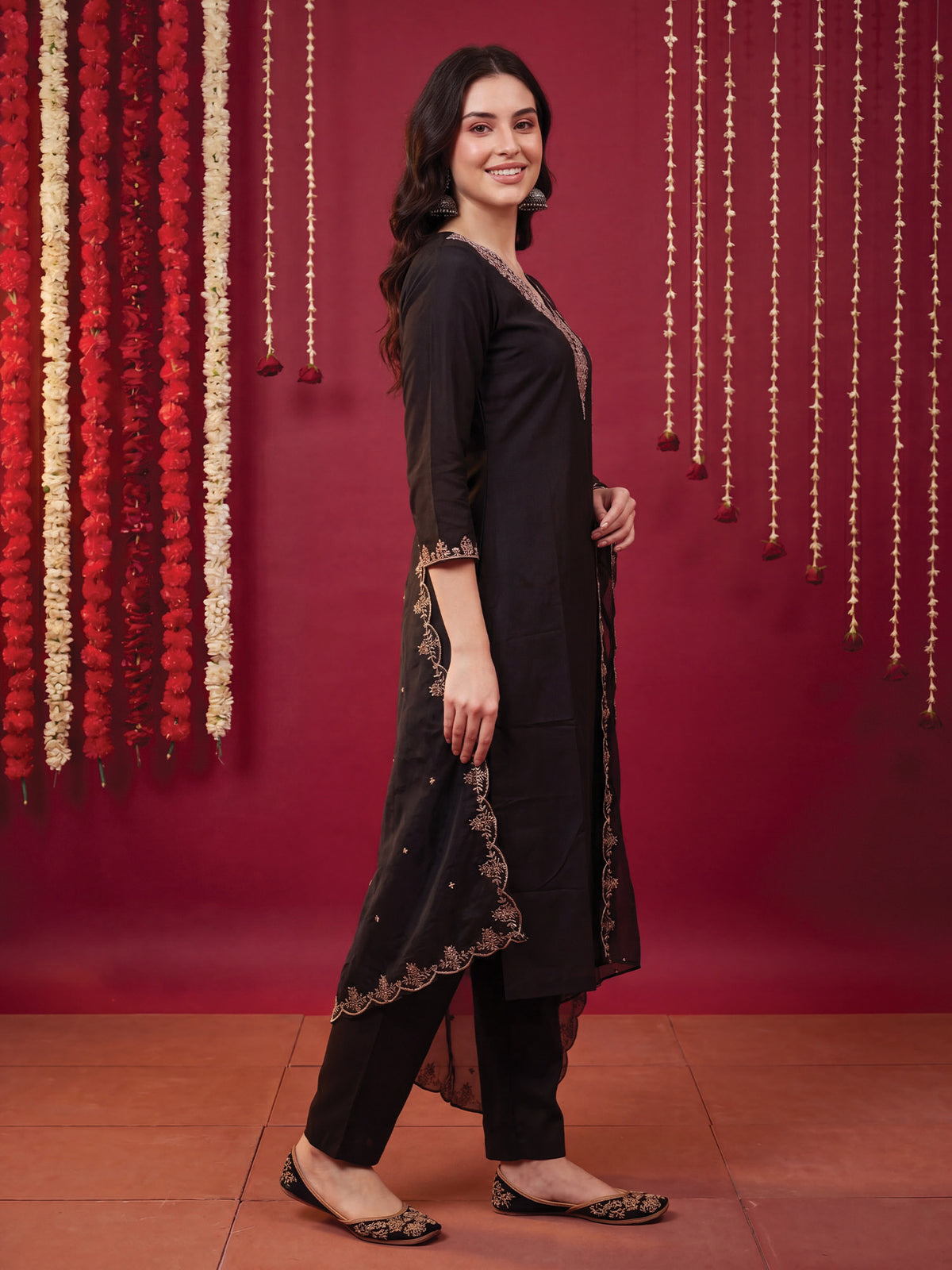 Black Embroidered Straight Kurta Trousers With Dupatta Set