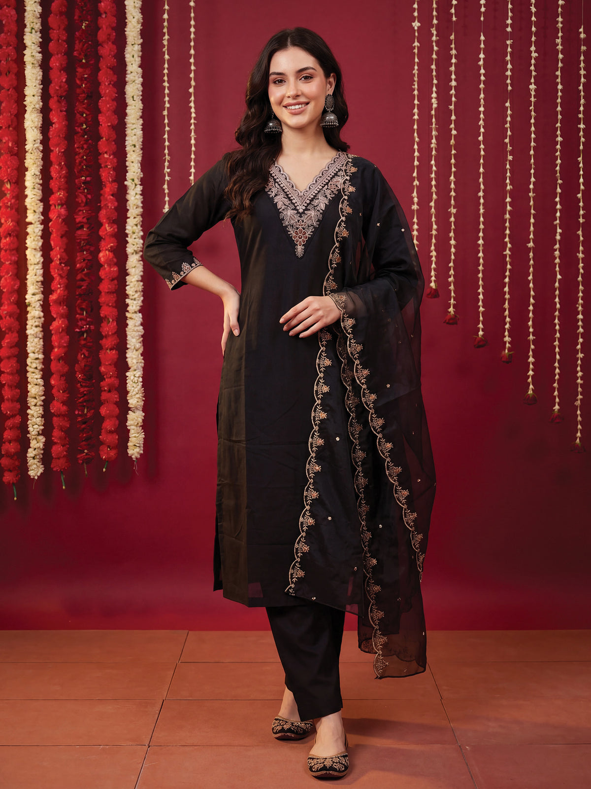 Black Embroidered Straight Kurta Trousers With Dupatta Set