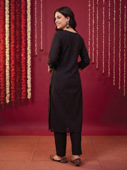 Black Embroidered Straight Kurta Trousers With Dupatta Set