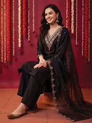 Black Embroidered Straight Kurta Trousers With Dupatta Set