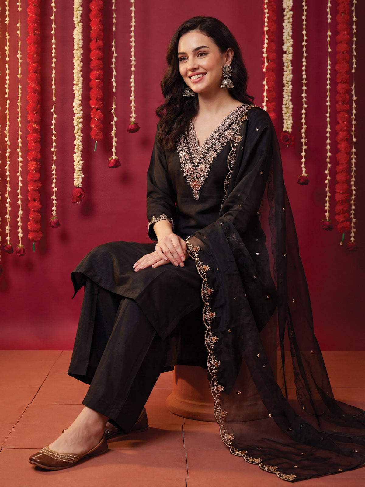 Black Embroidered Straight Kurta Trousers With Dupatta Set