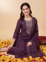 Purple Embroidered Straight Kurta Trousers With Dupatta Set