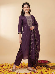 Purple Embroidered Straight Kurta Trousers With Dupatta Set