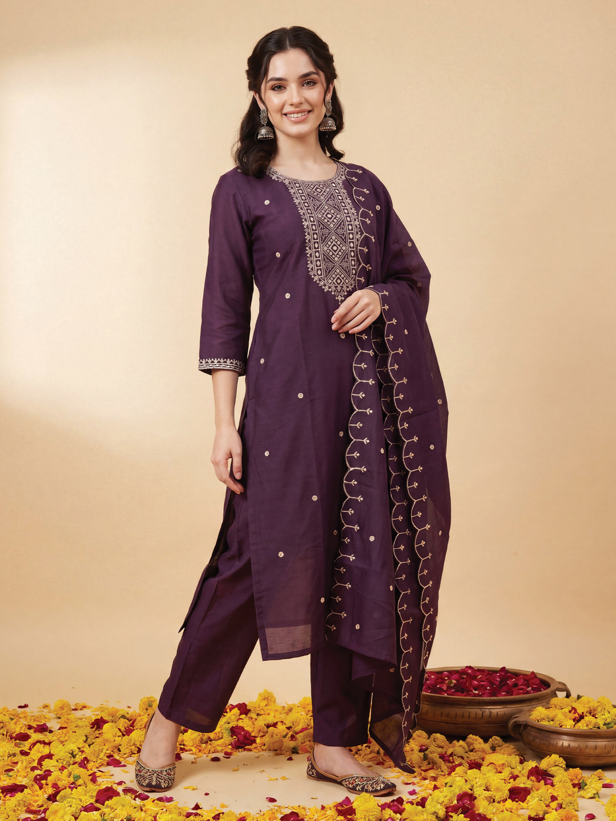 Purple Embroidered Straight Kurta Trousers With Dupatta Set