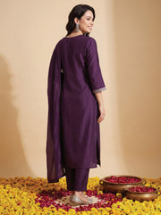 Purple Embroidered Straight Kurta Trousers With Dupatta Set