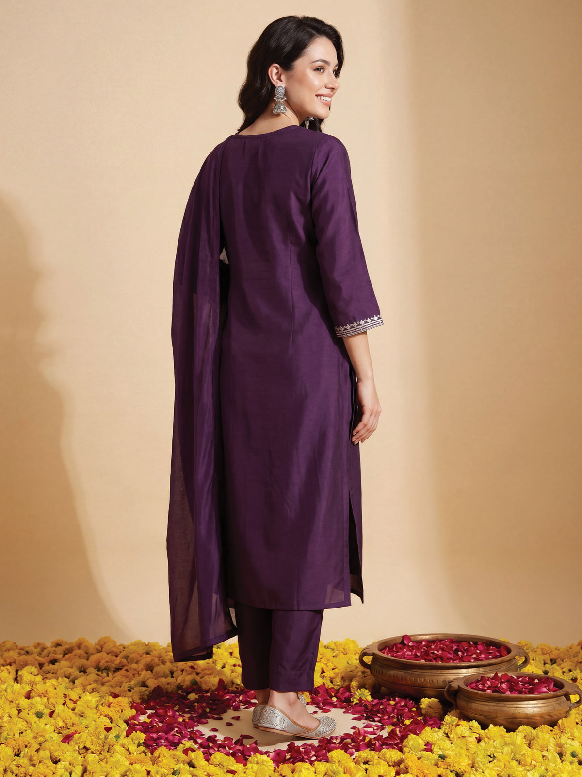 Purple Embroidered Straight Kurta Trousers With Dupatta Set