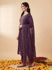 Purple Embroidered Straight Kurta Trousers With Dupatta Set