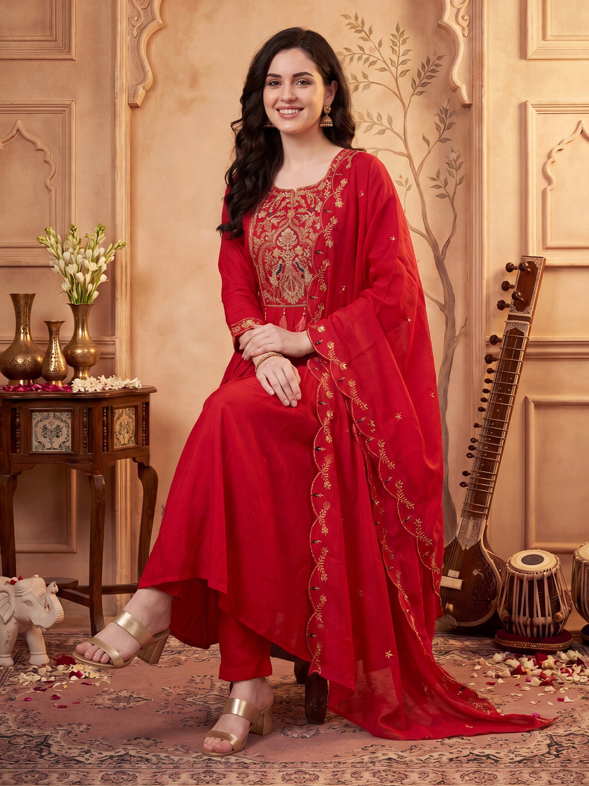 Red Embroidered A-Line Kurta Trousers With Dupatta Set