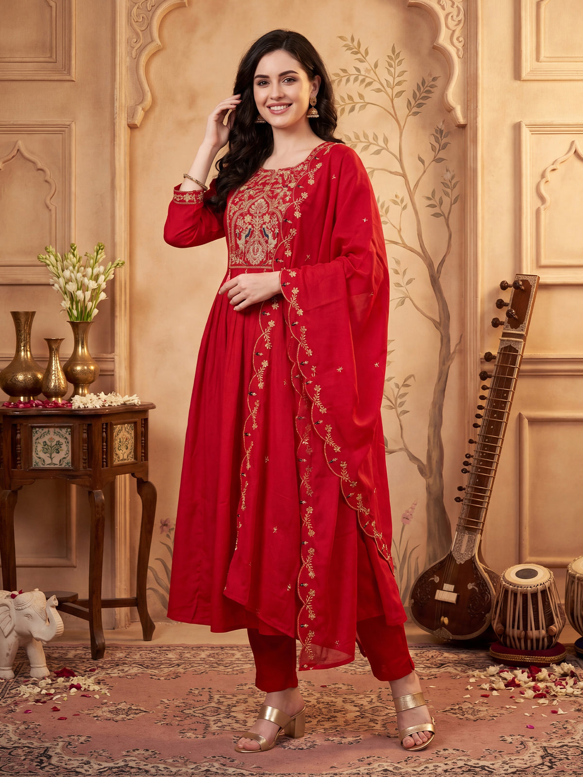 Red Embroidered A-Line Kurta Trousers With Dupatta Set