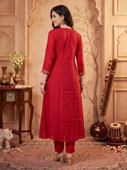 Red Embroidered A-Line Kurta Trousers With Dupatta Set