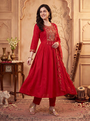 Red Embroidered A-Line Kurta Trousers With Dupatta Set