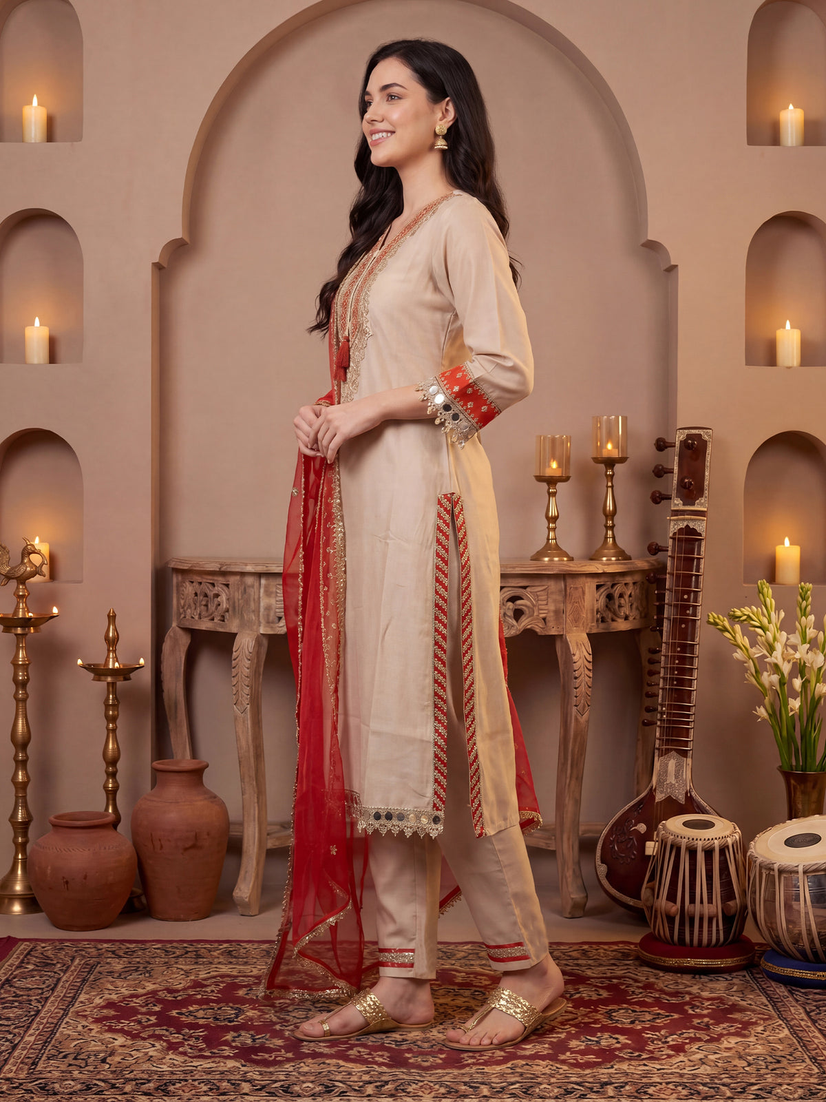 Cream Embroidered Straight Kurta Trousers With Dupatta Set