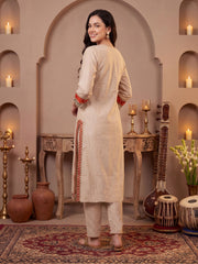 Cream Embroidered Straight Kurta Trousers With Dupatta Set