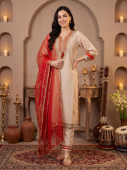 Cream Embroidered Straight Kurta Trousers With Dupatta Set