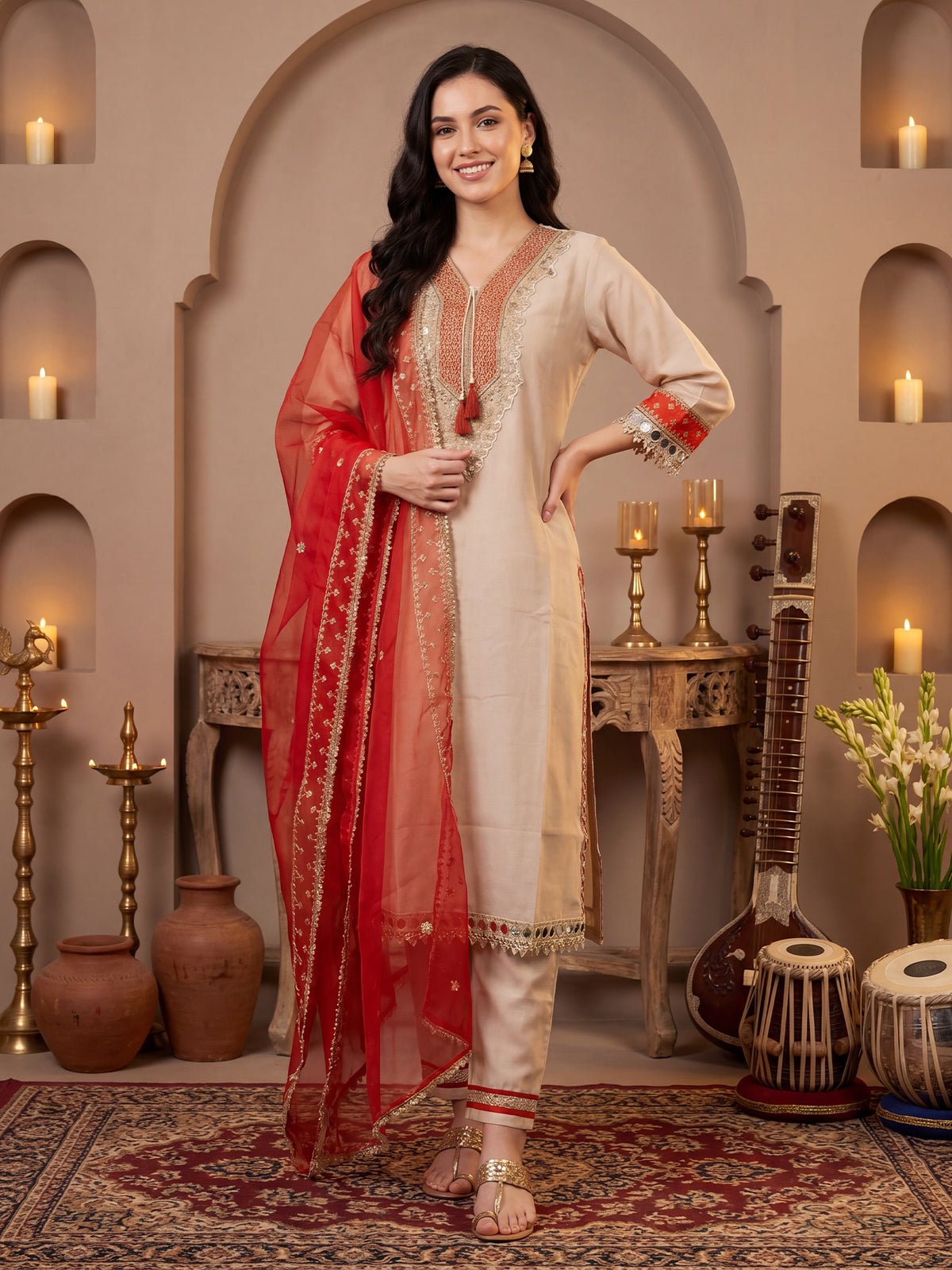 Cream Embroidered Straight Kurta Trousers With Dupatta Set