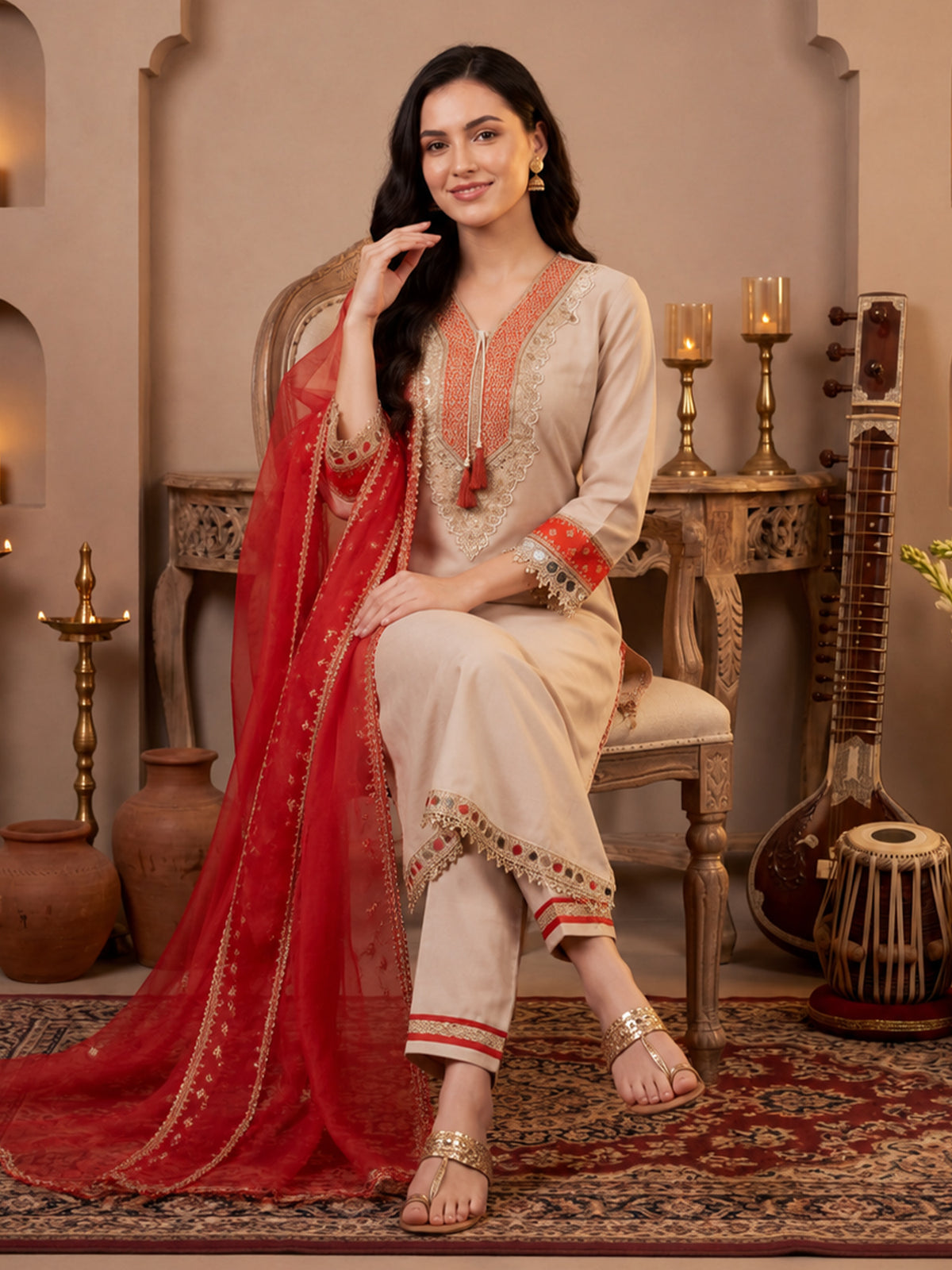 Cream Embroidered Straight Kurta Trousers With Dupatta Set