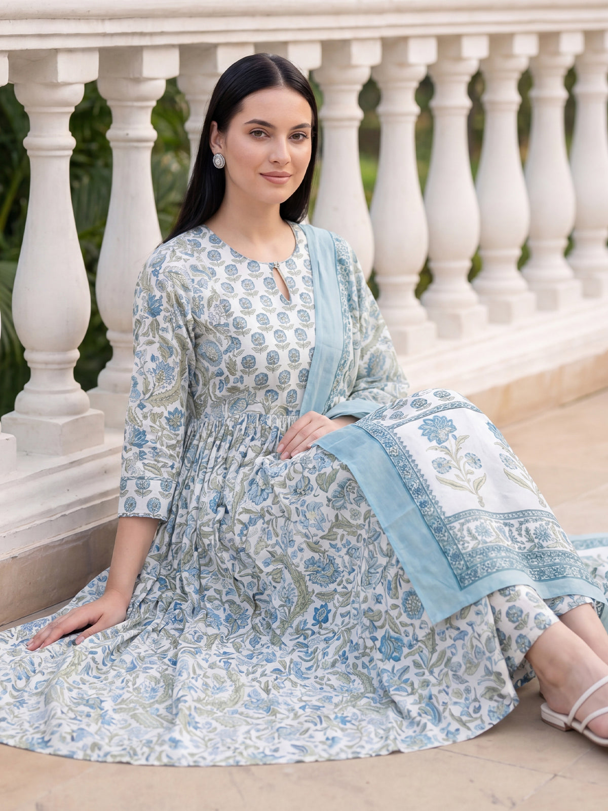 White Printed A-Line Kurta Trousers With Dupatta Set