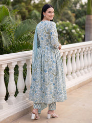 White Printed A-Line Kurta Trousers With Dupatta Set
