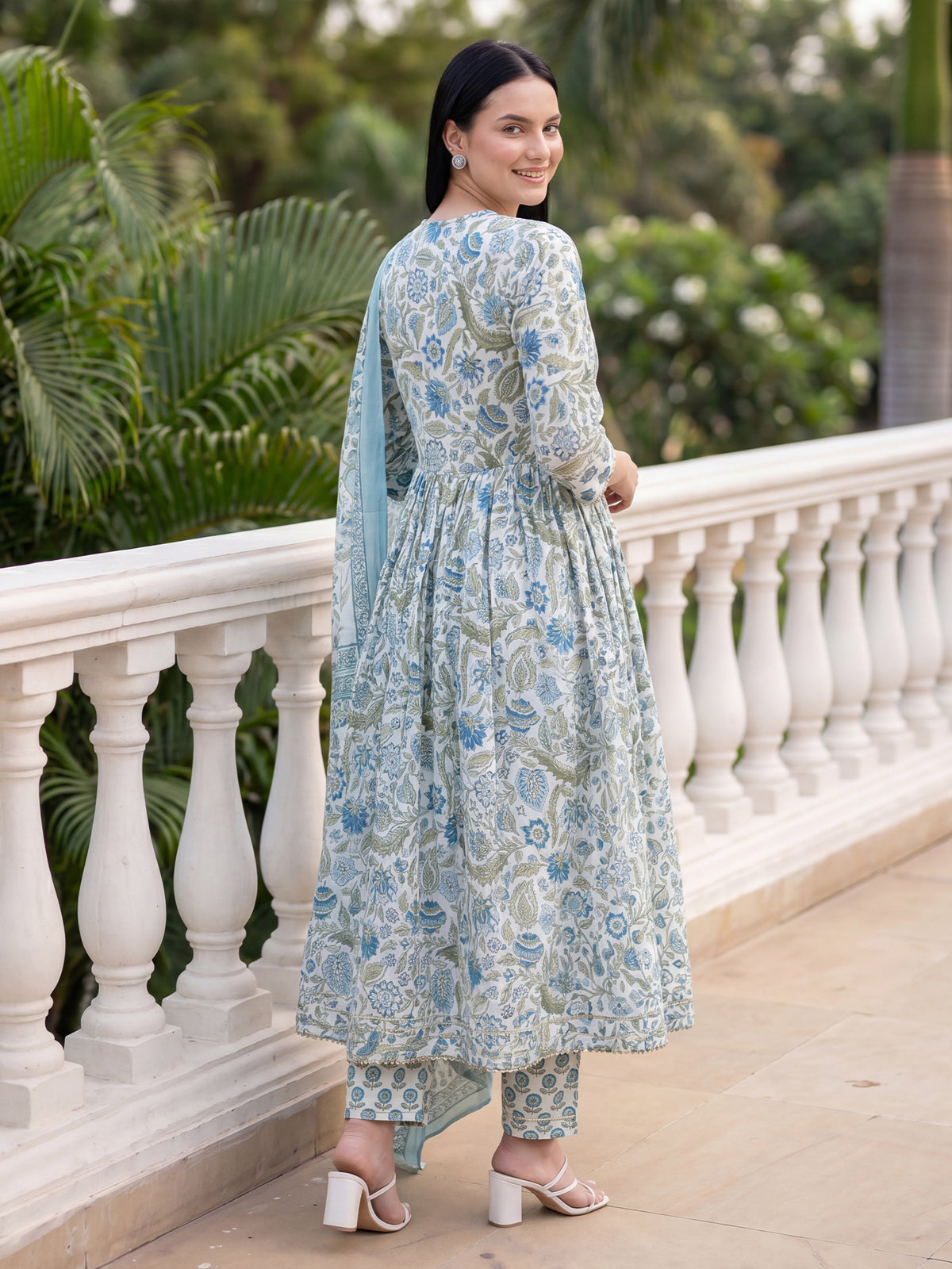 White Printed A-Line Kurta Trousers With Dupatta Set