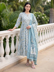 White Printed A-Line Kurta Trousers With Dupatta Set