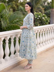 White Printed A-Line Kurta Trousers With Dupatta Set