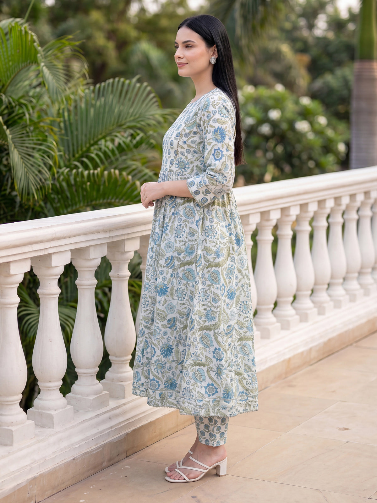 White Printed A-Line Kurta Trousers With Dupatta Set